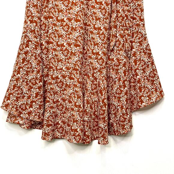 Max Studio Floral Maxi Wrap Dress Womens L Rust Red Boho Ruffles Cottagecore - Picture 7 of 10